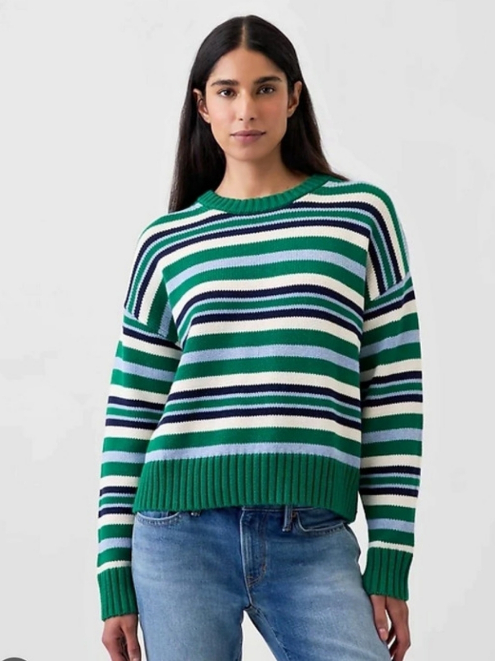 Gap 100% Cotton Shaker-Stitch Crewneck Sweater Striped Cotton Crewneck Sweater